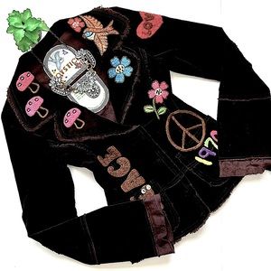 Johnny Was Joystick Boho Brown Corduroy Floral Embroidered Blazer Jacket 70s S